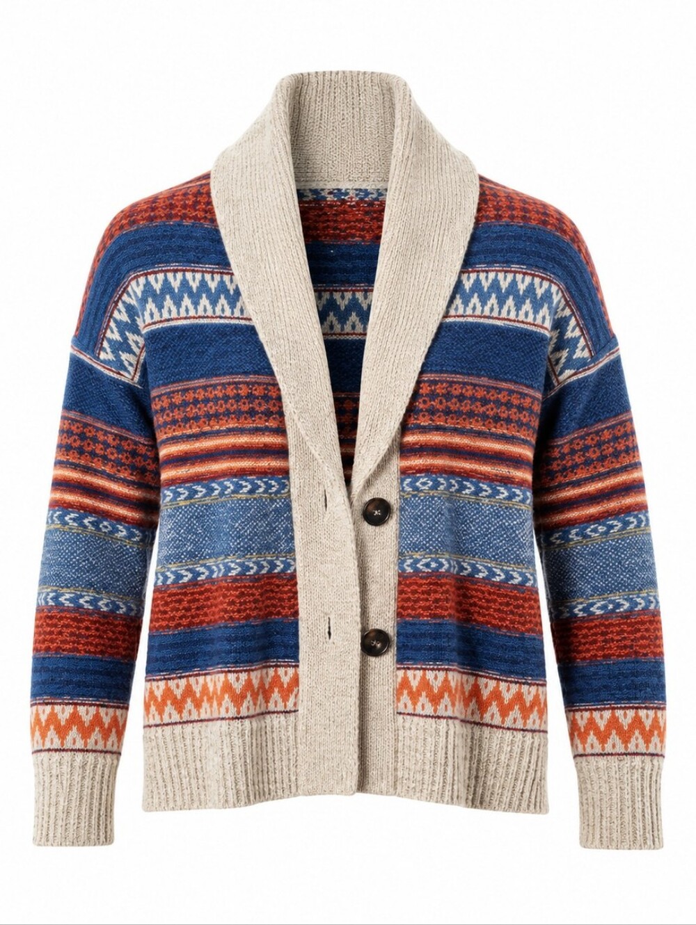 Women's Shawl Collar Striped Cardigan - Blue, Rust & Cream